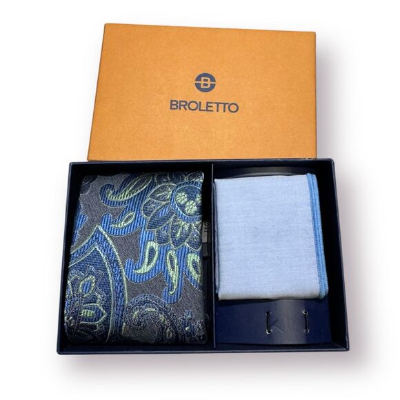 Broletto Geometric Design Blue Silk 2‎ Piece Tie, Pocket Square Like new - Picture 1 of 5